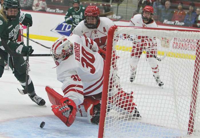 Wisconsin goaltender Cami Kronish makes a save against Bemidji State on Thursday Oct. 20 at LaBahn Arena in Madison, Wis. Uwice Bemidji State 9 Oct 20 2022